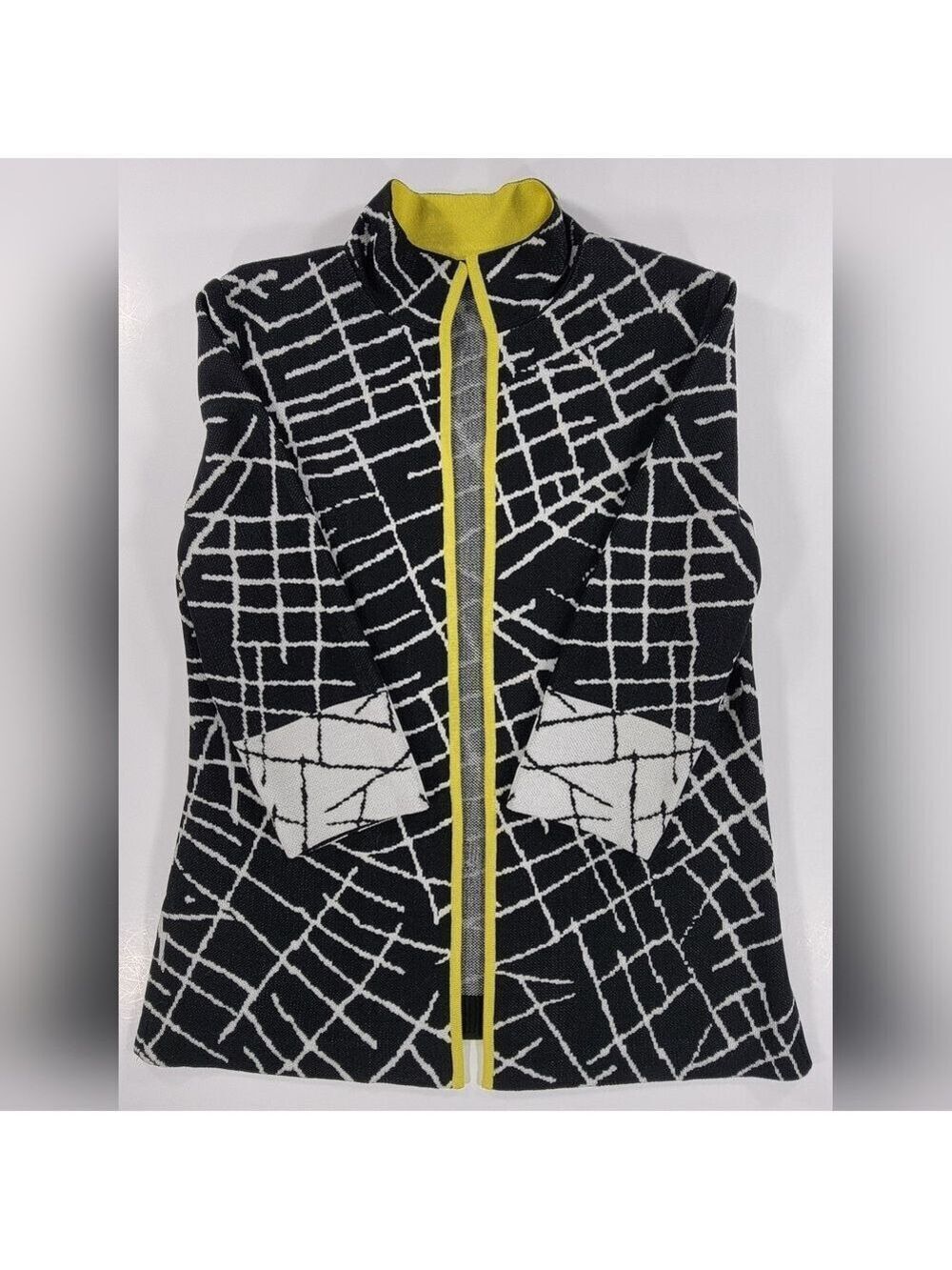 Ming Wang Cardigan Knit Open Front 3/4 Sleeve Career Casual Black White Medium